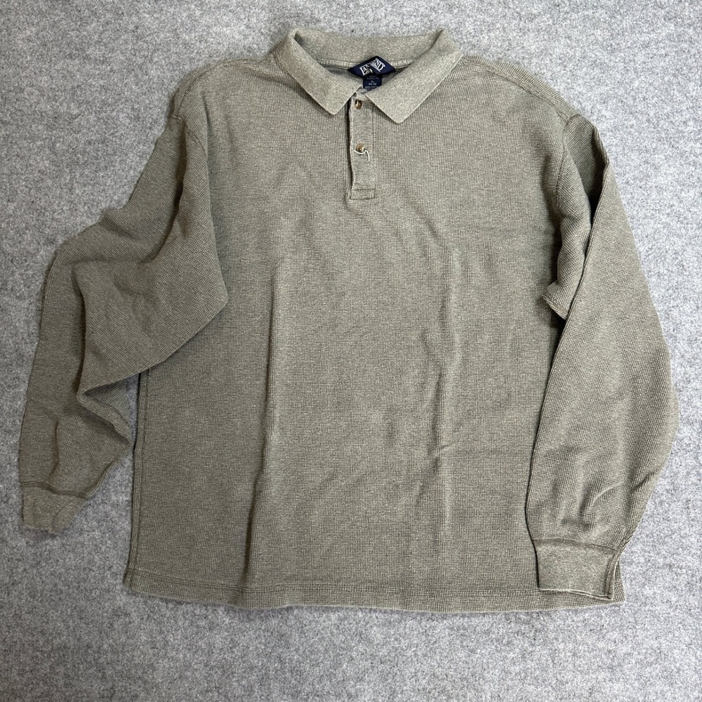 Lands' End Waffle Knit Long Sleeve Polo XL Olive Green 100% Cotton